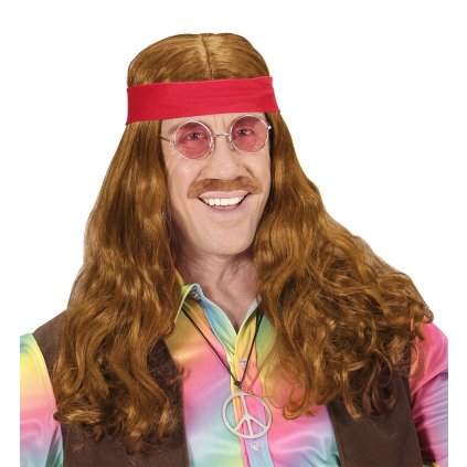 párty Hippie paruka s knírem a čelenkou