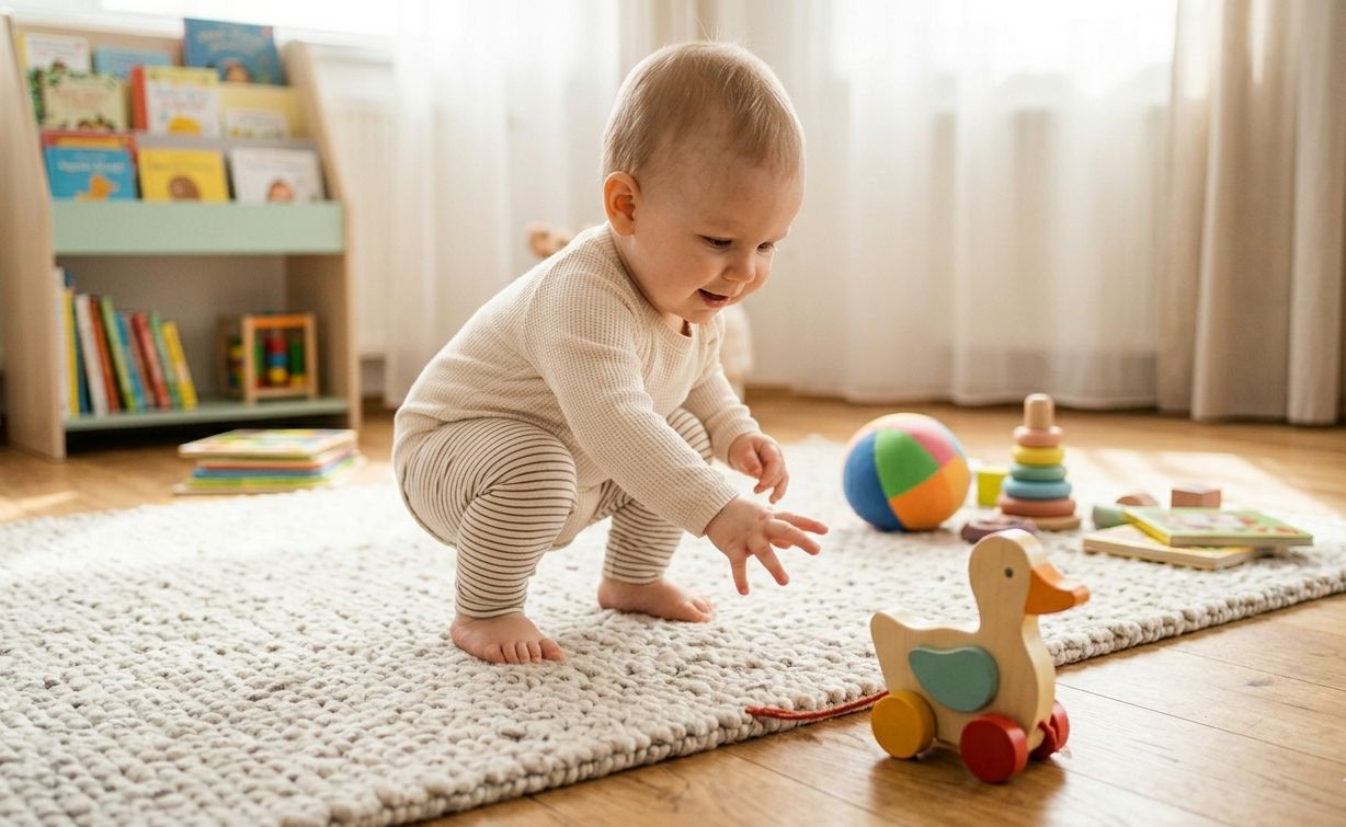 Batoľa v podrepe sa naťahuje za drevenou káčatkou na koberci, motivácia k pohybu do priestoru – Pastello.sk.