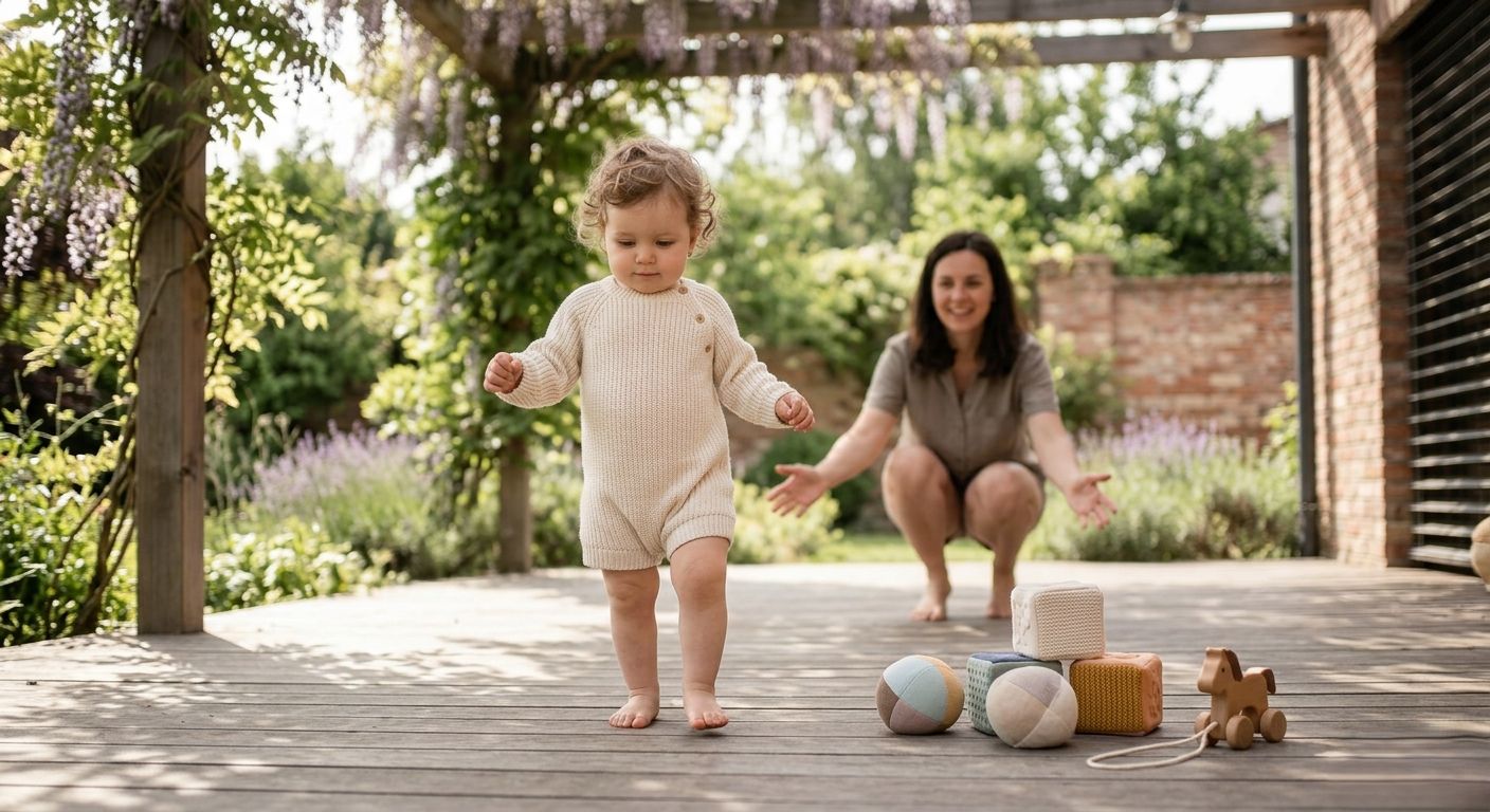 Bosé batoľa s kučeravými vlasmi robí prvé kroky na drevenej terase, mamička povzbudzuje – Pastello.sk