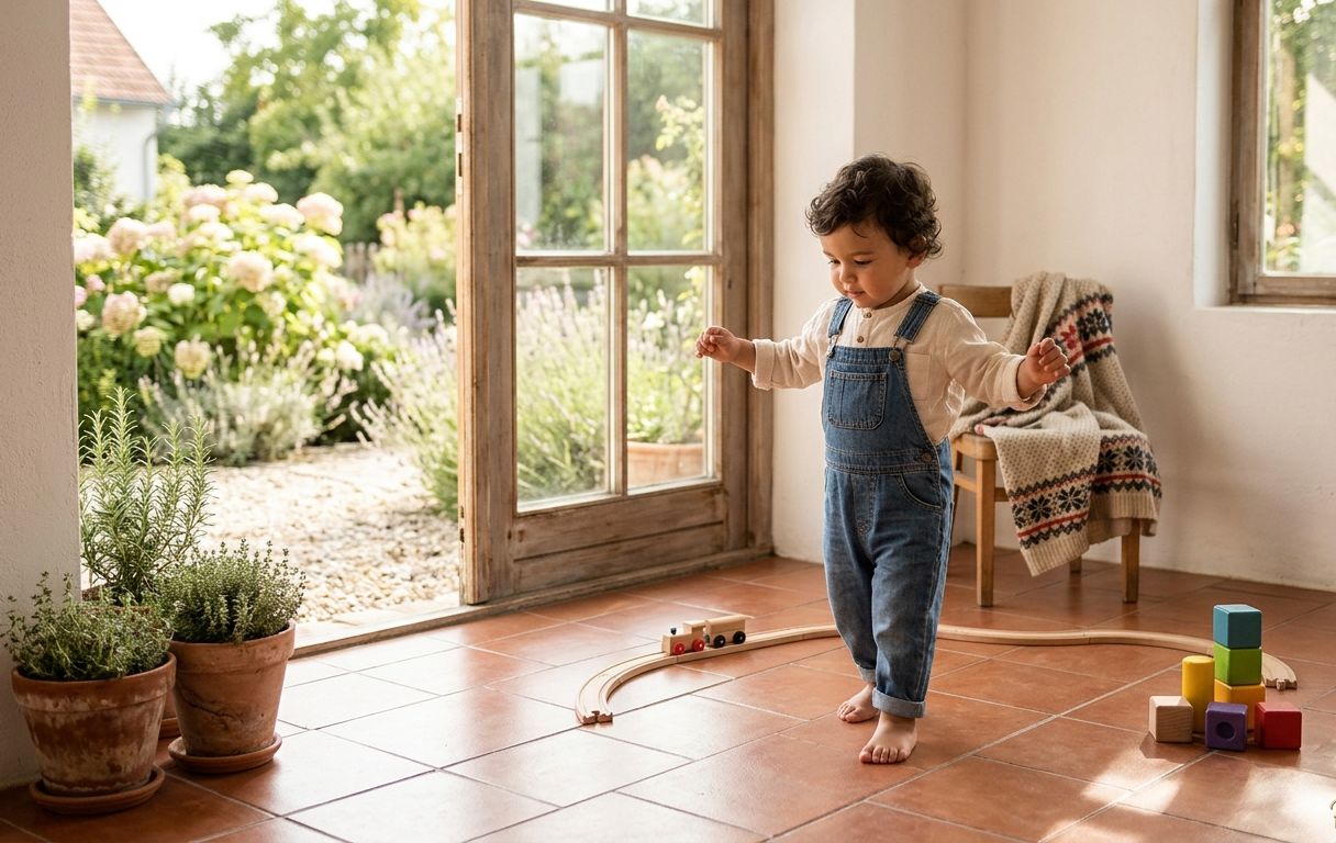 Staršie bosé batoľa robí prvý krok na rustikálnej terakotovej dlažbe, tréning rovnováhy bez opory – Pastello.sk.