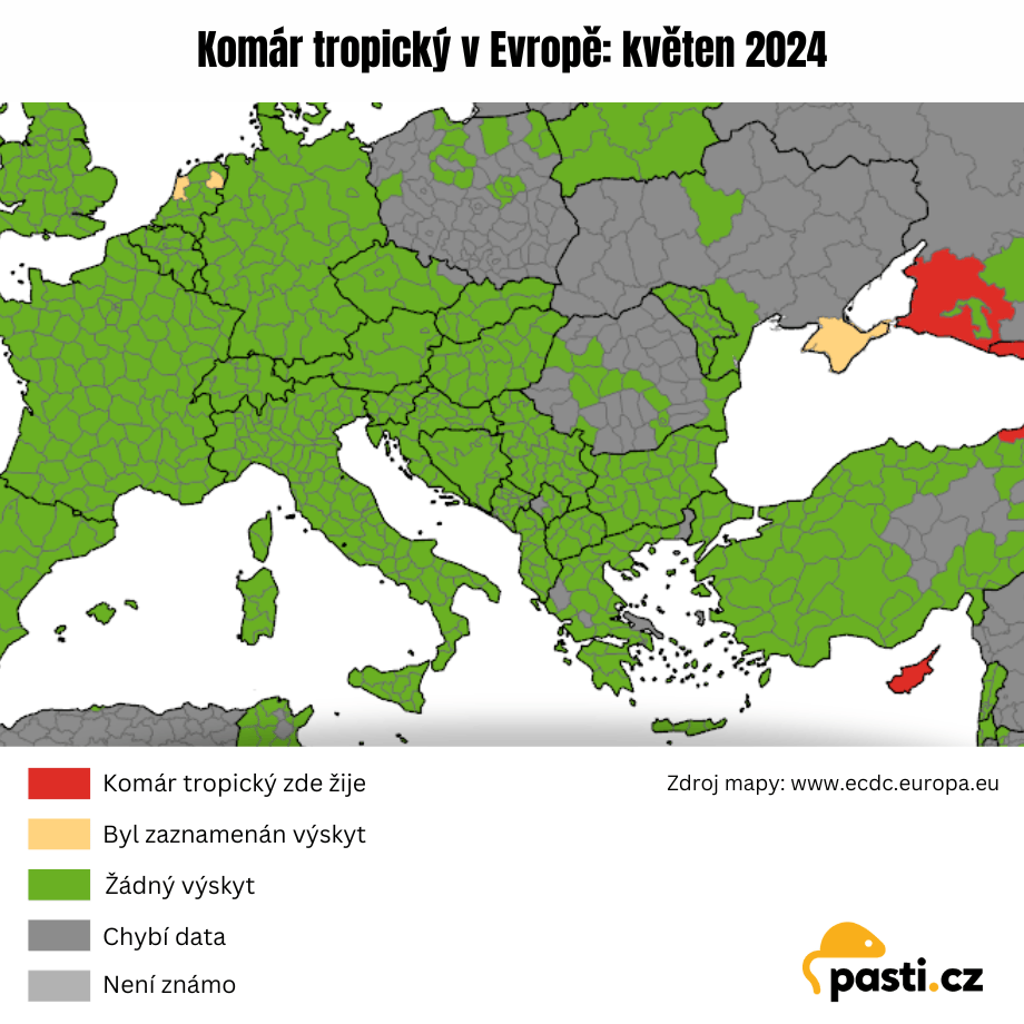 Mapa výskytu komára tropického v Evropě - květen 2024