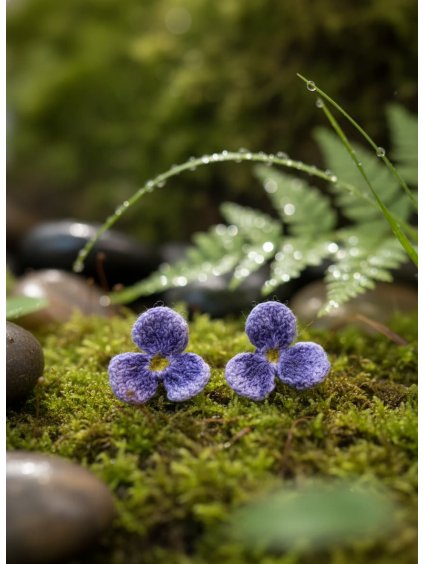 Jemné, ručně háčkované náušnice ve tvaru fialky. Symbolizují skromnost, věrnost a něžnou ženskou duši. Ideální pro ženy, které milují přírodu a detailní šperky s duší.