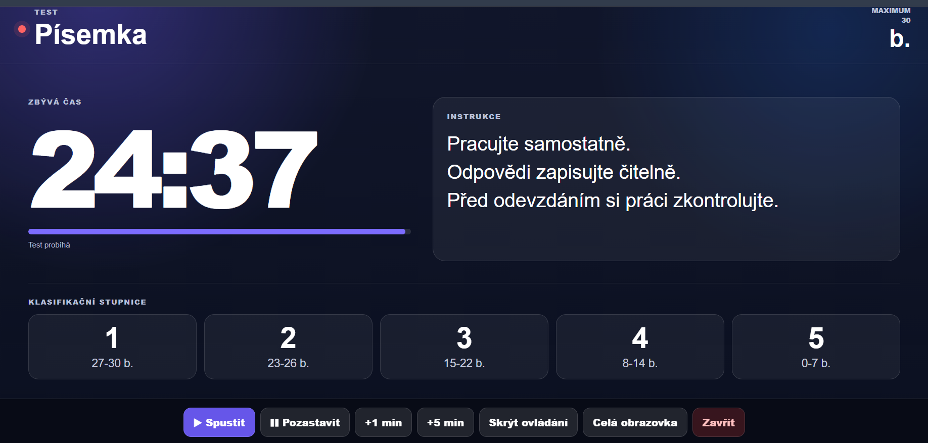Pomocník při testu - zobrazení bodů, instrukcí a času