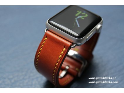 Ručně šitý kožený řemínek pásek apple watch ruční práce Temp TAN