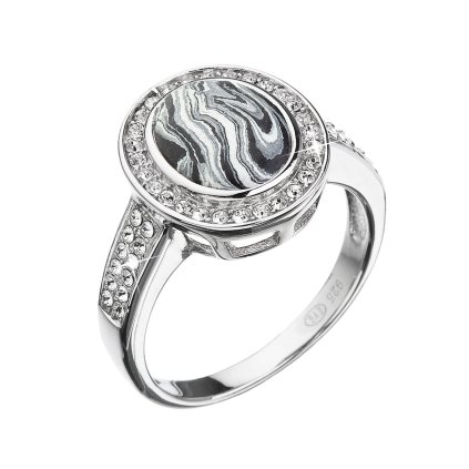 Stříbrný prsten ovál černobílý mramor se Swarovski krystaly 75018.1 (Velikost 52 (ø16,6 mm))