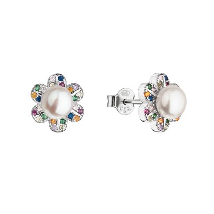 29057 stribrne nausnice kyticky multi zirkony s bilou ricni perlou 21071 3 multi