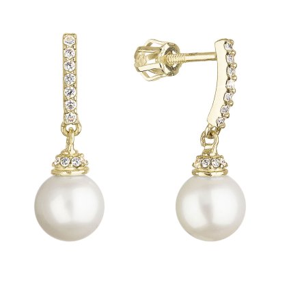 28748 zlaté 14 karatové nausnice zlté zlato s visaciou bielou ricnou perlou a zirkónmi 91pz00021