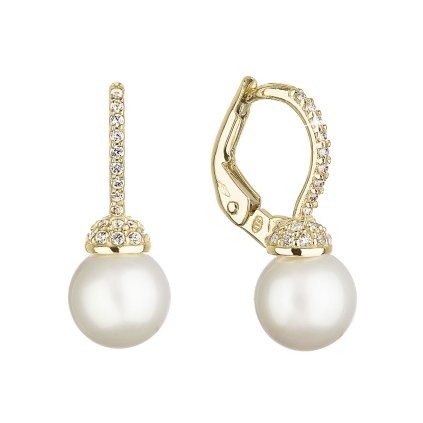 28751 zlaté 14 karatové nausnice zlté zlato s bielou ricnou perlou a zirkónmi 91pz00022