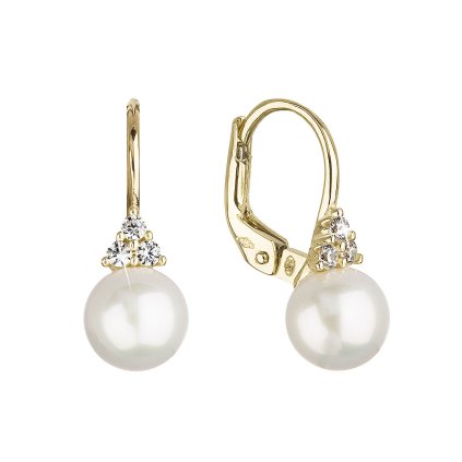 28757 zlaté 14 karatové nausnice zlté zlato s bielou ricnou perlou a tromi zirkónmi 91pz00024