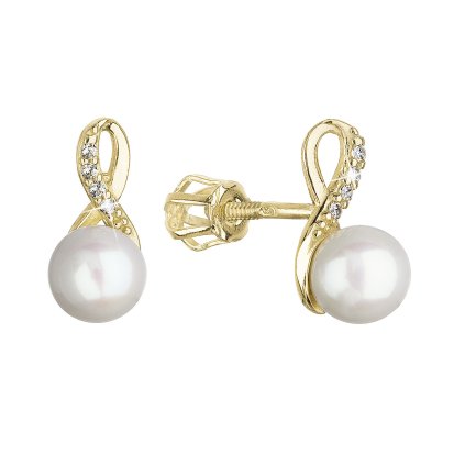 28769 zlaté 14 karatové nausnice zlté zlato s bielou ricnou perlou a zirkónmi 91pz00028 nekonecno