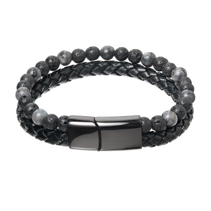 30194 pánsky náramok s pravými lavovými kameňmi a kozenkovým zapleteným opaskom 43022 3 čierne 20 5cm