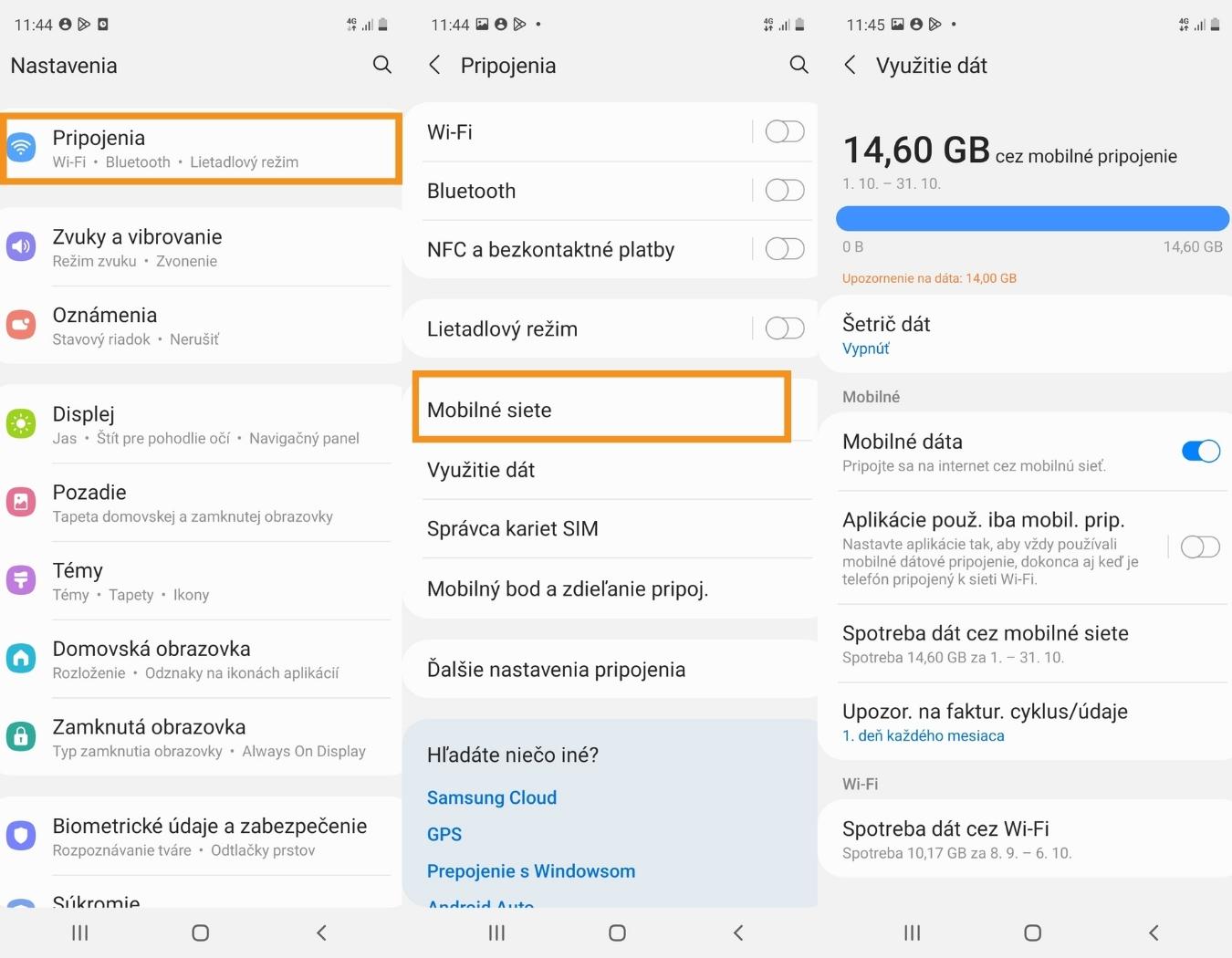 Nastavenia telefónu Android a zobrazenie využitia dát.