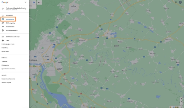 Google Maps menu a označené "Vaše príspevky"