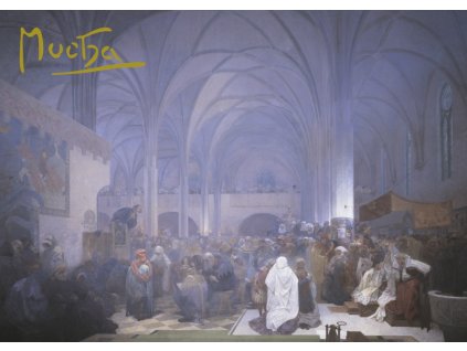 Pohled Alfons Mucha Slovanská epopej – Kázání mistra Jana Husa, krátký