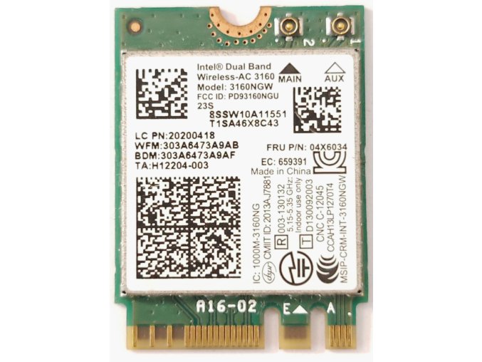 Intel Dual Band 3160NGW használt PCI-e (802.11AC) + Bluetooth 4.0 Wifi kártya