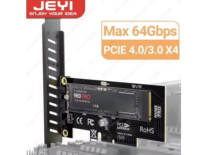 JEYI M.2 NVME SSD to PCIEX1 Adapter Card, 2280 SSD PCle 3.04.0 Expansion Card for Desktop PC, PCI-E GEN4 64 Gbps Full Speed X4