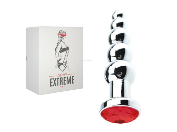 5 ball silver buttplug with red crystal