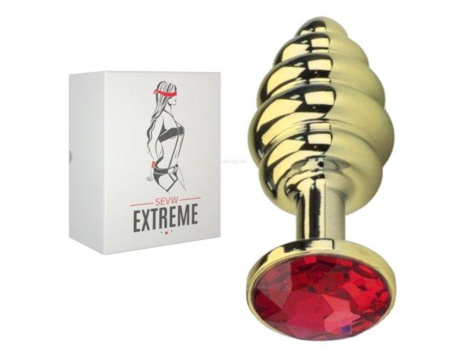 grooved rosebud gold buttplug red crystal small (2)