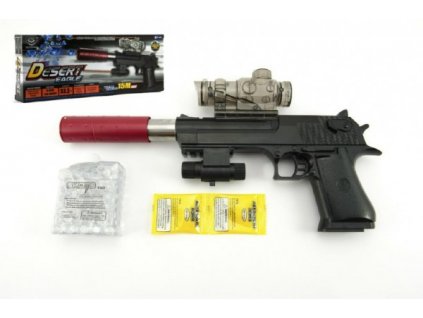 Pistole plast/kov 33cm na vodní kuličky + náboje 9-11mm na baterie se světlem v krabici 34x13x4cm