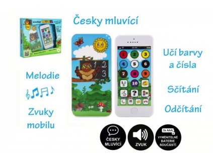 Naučný mobilní telefon moudré sovy s krytem plast na baterie se zvukem v krabici 22x18x3,5cm 12m+