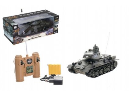 Tank RC plast 33cm T-34/85 na baterie+dobíjecí pack 27MHz se zvukem a světlem v krabici 40x15x19cm