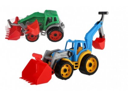 Traktor/nakladač/bagr se 2 lžícemi plast na volný chod  v síťce 16x35x16cm