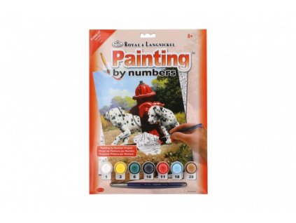 Malování podle čísel Dalmatini u červeného hydrantu 22x30cm s akrylovými barvami a štětcem na kartě