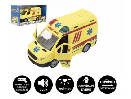 Auto ambulance plast 20cm na setrvačník na baterie se zvukem se světlem v krabici 26x15x12cm