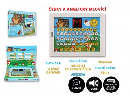 Naučný tablet moudré sovy dvojjazyčný CZ+AJ plast 24x19x2cm na baterie se zvukem v krabici 32x23x3cm