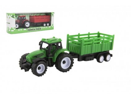 Traktor s vlekem plast 21cm na volný chod  v krabičce 23x9x6cm