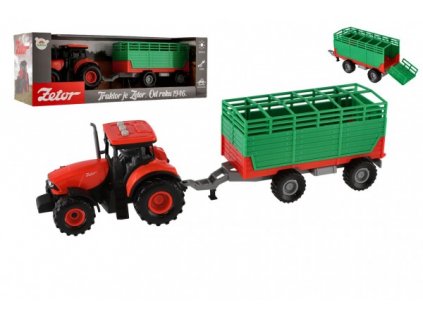 Traktor Zetor s vlekem plast 36cm na setrvačník na bat. se světlem se zvukem v krabici 39x13x13cm