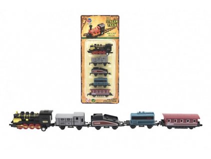 Vlak/lokomotiva a vagóny 5ks kov/plast 8cm na zpětné natažení  na kartě