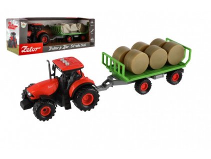 Traktor Zetor s vlekem a balíky plast 36cm na setrvačník na bat. se světlem se zvukem v krab. 39x13