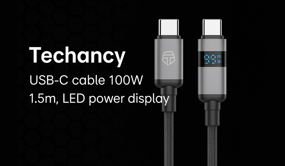 Techancy USB-C kabel, 100W, 1.5m black, LED power display