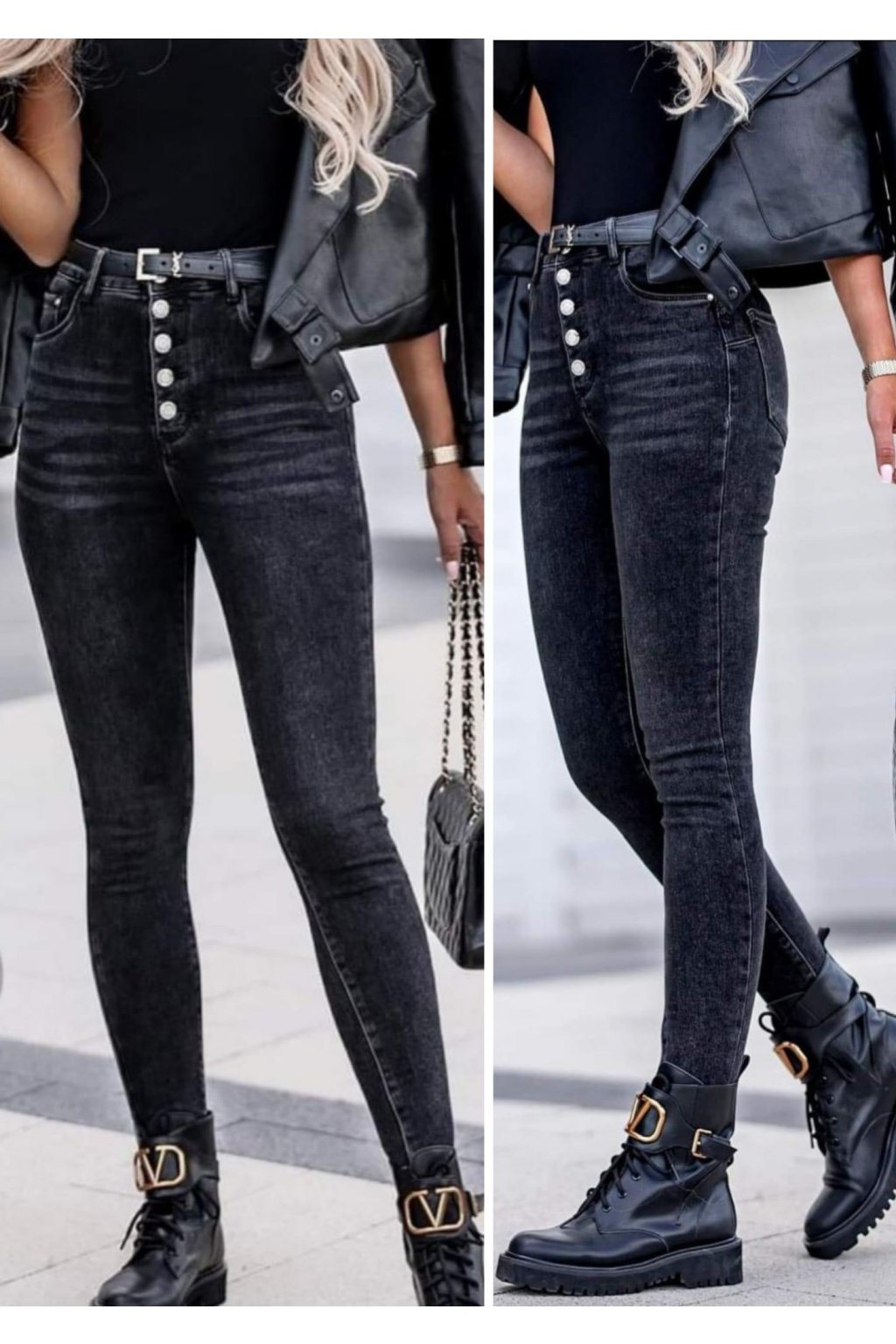 Trendy dámské jeansy černé, tmavě šedé na knoflíčky