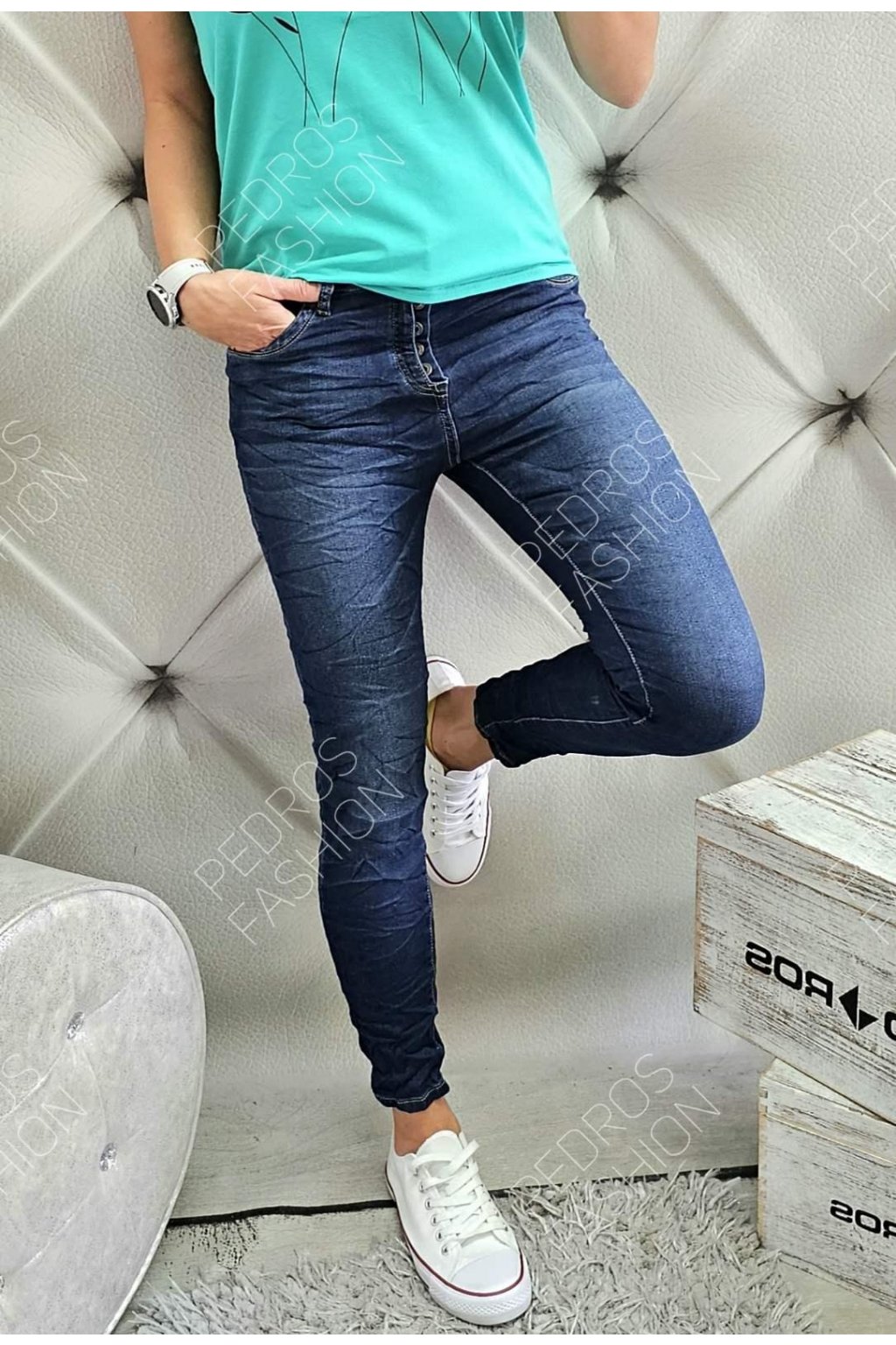 Trendy dámské jeansy Baggy modré easy netrhané na knoflíčky