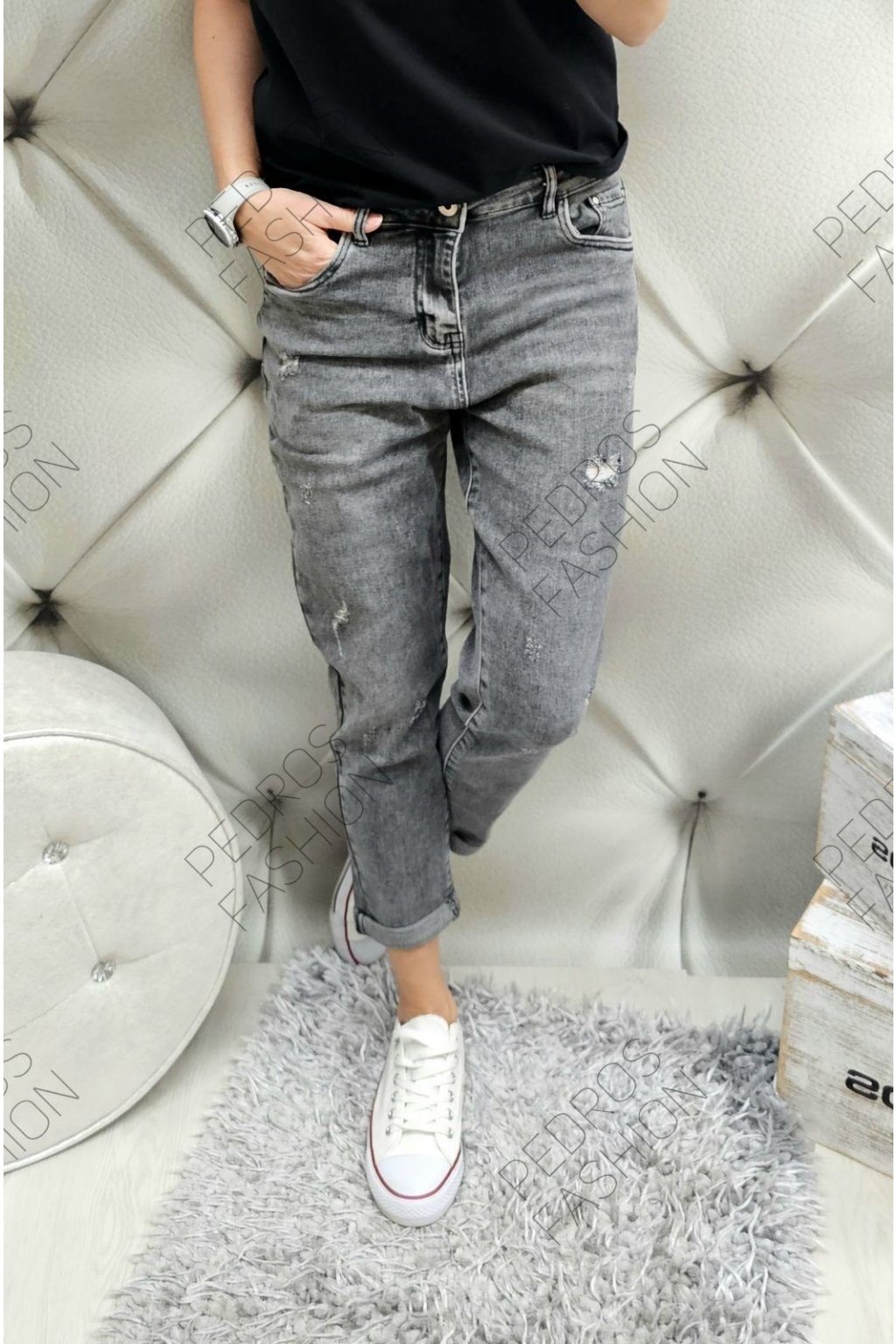 Trendy dámské elastické jeansy Boyfriend tmavě šedé