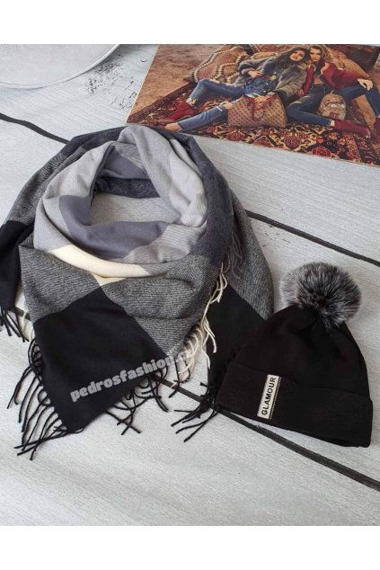 Sladný set čepice a šátku v kombinaci černé, šedé a krémové barvy 3