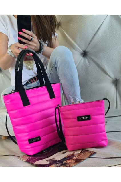 komplet neon růžová trendy crossbody set sladěný eko kůže koženka