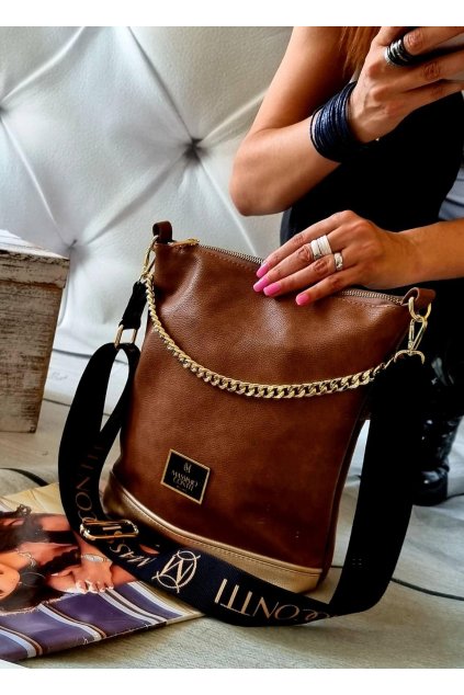 kabelka Massimo Contti odlehčená luxusní kabelka crossbody s řetězem hnědá