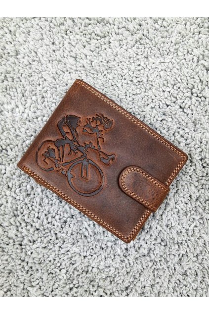 Pánská kožená peněženka s ražbou cyklisty hnědá