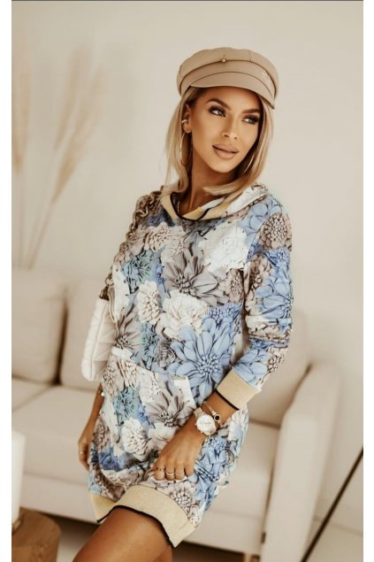 Trendy dámské mikinové šaty s kytkama světle modré