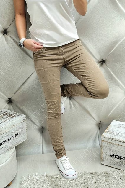 Trendy dámské jeansy Baggy béžové netrhané s elastanem