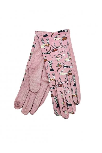 dámské stylové rukavice s kočkama růžové