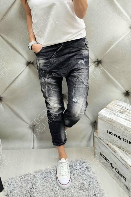 Peckové trendy dámské jeansy baggy spadlé šedé lehce trhané