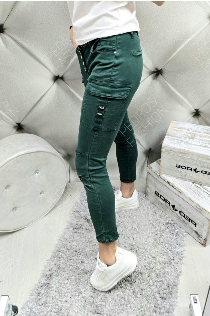 Luxusní trendy dámské elastické jeansy s kapsami na stehnech zelené