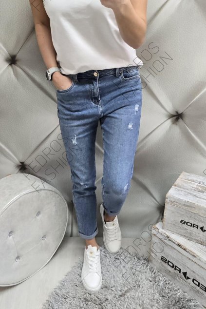 Trendy dámské elastické jeansy Boyfriend ve větších veliskostech až do 3XL modré, lehce trhané