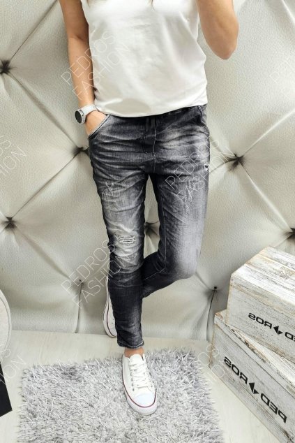 Super elastické jeansy baggy s gumou v pase šedé lehce trhané