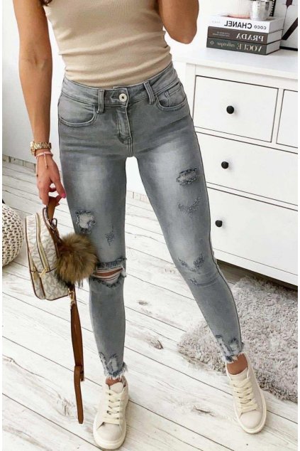 jeans šedé jemně trhané elastické trendy