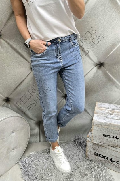 Trendy dámské elastické jeansy Boyfriend modré netrhané